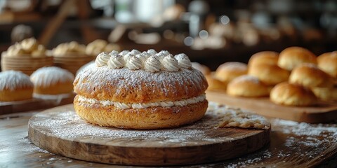 Delicious freshly baked cake topped with cream and powdered sugar, surrounded by artisanal bread, perfect for bakery promotions and dessert displays.
