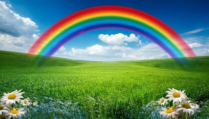 rainbow over green field with flowers and blue sky