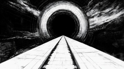 Fototapeta premium A monochrome image depicting a path leading towards a dark tunnel. The path and tunnel create a dramatic, mysterious atmosphere.