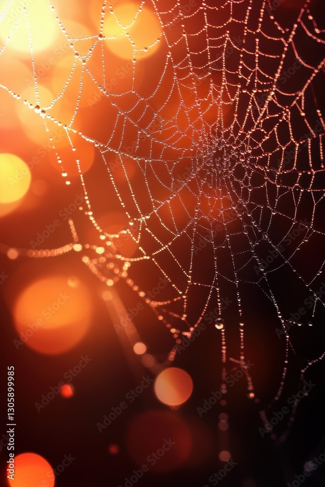 Wall mural beautiful spider web in wild field with dew in morning in spring.