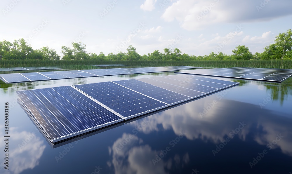 Poster floating solar farm on a tranquil lake showcasing futuristic design elements.