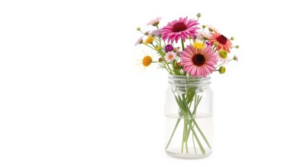 Fototapeta premium Colorful flower arrangement in jar bright indoor setting floral photography natural light vibrant aesthetic