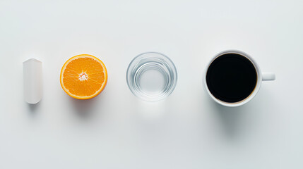 A minimalist top-down view of coffee cups, a glass of water, and orange juice arranged in a neat row on a white background, creating a clean and modern aesthetic
