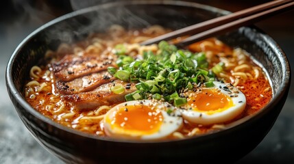 Delicious Ramen Bowl with Soft Boiled Eggs and Green Onions