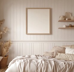Beige bedroom interior with empty frame.
