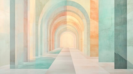 A serene pastel-colored hallway with arched doorways creates a calming and dreamlike atmosphere. The soft hues and tranquil setting invite contemplation and inner peace.