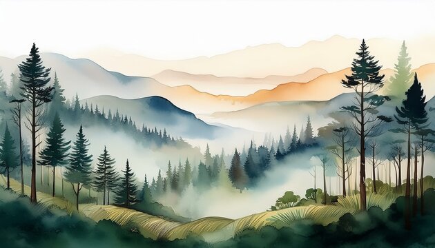 with tall trees and misty hills this watercolor landscape is peaceful and serene - Powered by Adobe