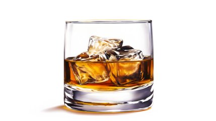 A glass of liquor with ice cubes in it