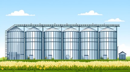 Fototapeta premium Modern Grain Storage Facility in a Sunny Field.
