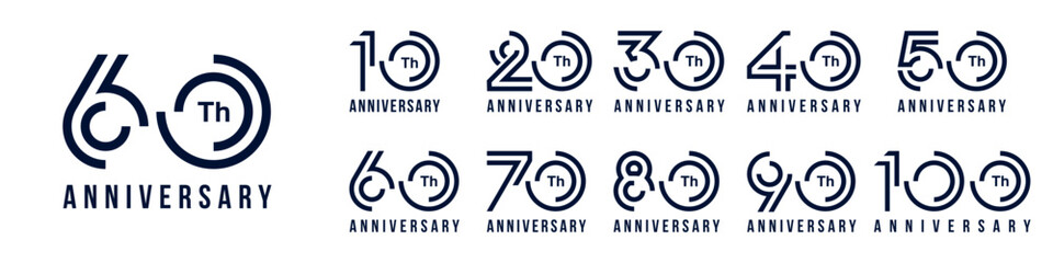 collection anniversary 10 to 100 year logo designs. abstract number for celebration event, wedding, greeting card, and invitation, vector illustration