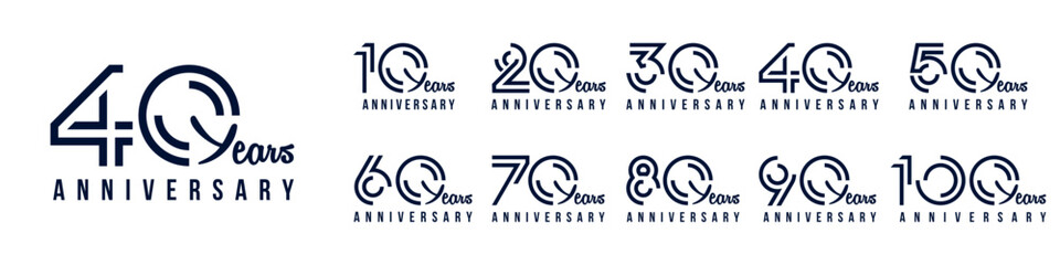 collection anniversary 10 to 100 year logo designs. abstract number for celebration event, wedding, greeting card, and invitation, vector illustration