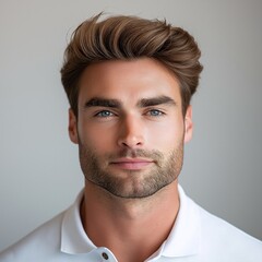 Fototapeta premium Attractive Brunette Man with Styled Beard and Eyeglasses Showcasing Modern Male Fashion in a Relaxed, Confident Close-Up Portrait