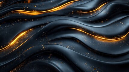 Abstract Black Waves with Golden Highlights and Sparkling Texture