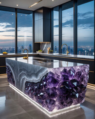 Elegant contemporary kitchen with purple amethyst gem sink minimalist cabinetry sleek tile design and view of the city skyline from a high rise apartment Interior Design Idea Inspiration
