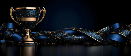 Gold trophy, blue ribbon, dark background. Award ceremony concept