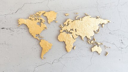 A golden world map art piece set against a light-colored background, showcasing continents with a textured surface.