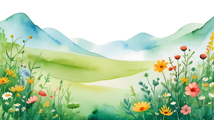 Fototapeta premium Watercolor Flower Meadow Landscape with Gentle Green Hills Background Art