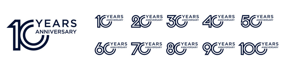 collection anniversary 10 to 100 year logo designs. abstract number for celebration event, wedding, greeting card, and invitation, vector illustration