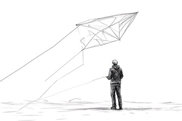 Boy flying kite, beach, sketch