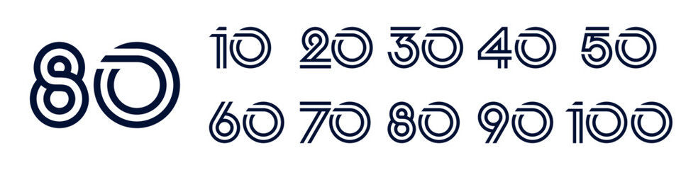 collection anniversary 10 to 100 year logo designs. abstract number for celebration event, wedding, greeting card, and invitation, vector illustration