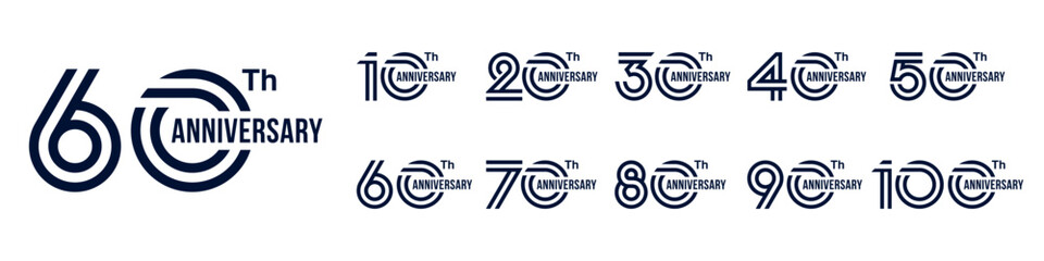 collection anniversary 10 to 100 year logo designs. abstract number for celebration event, wedding, greeting card, and invitation, vector illustration