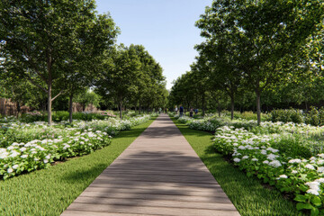 Obraz premium A path in a park with trees and flowers