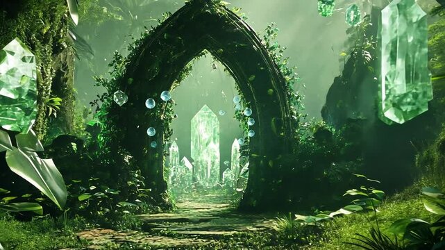 A mystical forest entrance adorned with a vine-covered archway and glowing green crystals.