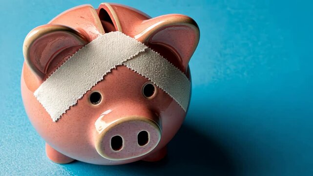 Piggy bank bandaged on blue background symbolizes saving challenges and financial struggles in personal budgeting