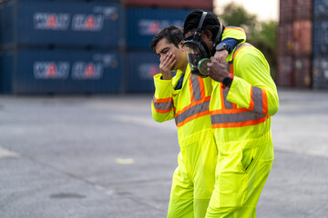 industrial workers in high-visibility suits assist each other after a hazardous incident near a...