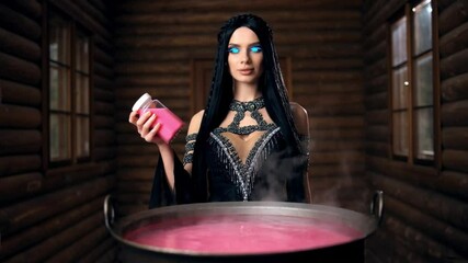 a witch makes a pink potion in a cottege.