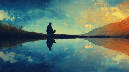 Figure gazing into a mirror of water quietly contemplating personal thoughts symbolizing self reflection