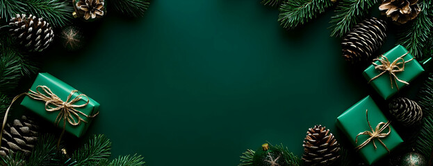 Emerald Christmas gifts, pine cones. Festive background