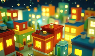Cozy voxel town at night with glowing windows and falling snow
