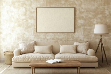 Beige living room with a framed canvas, couch, and wooden coffee table.