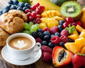 Delicious Breakfast, Coffee, Pastries, and Fresh Fruit Platter