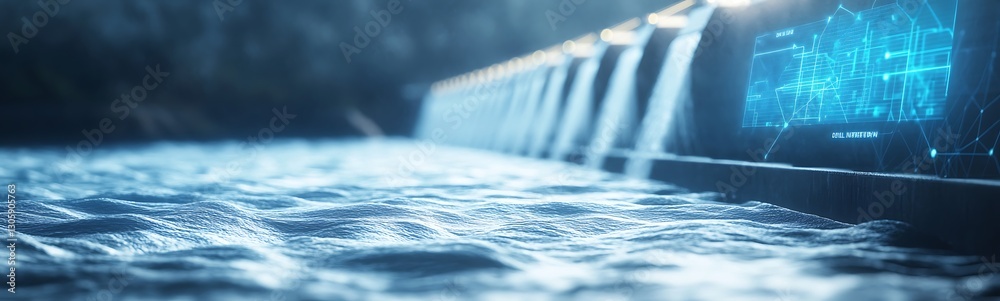 Aufkleber futuristic ai-managed hydroelectric dam glowing under a serene atmosphere in this captivating image.