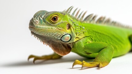 Obraz premium Vibrant Green Iguana with Intricate Scales Posing Gracefully against a Light Background