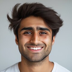 Fototapeta premium Smiling Young Man Portrait: Happy Expression and Bright Smile in Casual Clothing