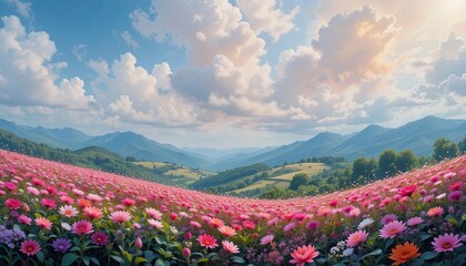 Fototapeta premium Blooming flower field mountain valley nature scene daylight wide view serenity
