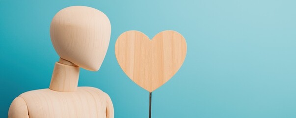 A wooden mannequin holds a heart-shaped sign against a blue background, symbolizing love and creativity.