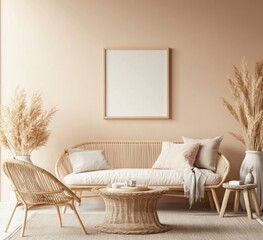 Beige living room with rattan furniture and pampas grass, mock up frame