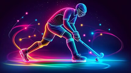 Dynamic Field Hockey Player in Neon Light.