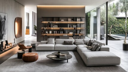 Contemporary open-plan living space with a sectional sofa, minimalist coffee table, and sleek shelving units for storage