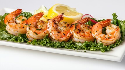 Realistic photograph of a complete dish, fresh shrimp with lemon and leafy greens on a white background.