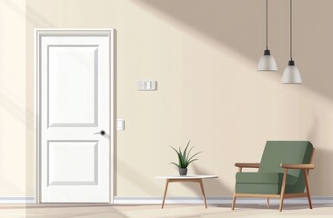 Beige minimalist interior with white door, armchair, and small table. Sunlight streams into the room.