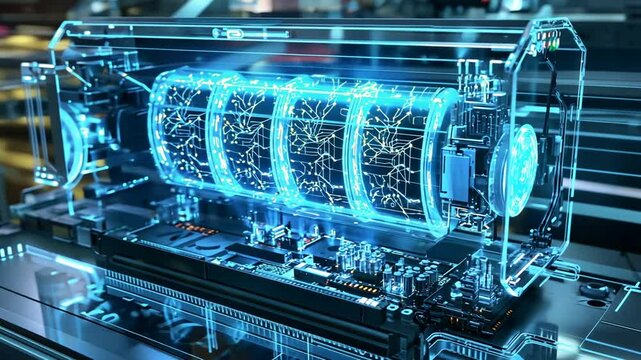 A futuristic, glowing, schematic model of a battery with detailed internal circuit and components.
