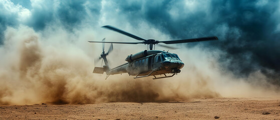 Helicopter desert takeoff, dust storm