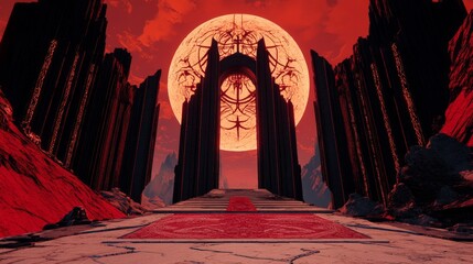 An ominous archway stands before a blood-red moon, casting long shadows in a dark, surreal landscape.