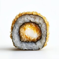 crispy deep-fried sushi roll with tempura coating and melted cheese on white background
