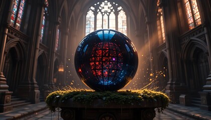 Obraz premium Mysterious Glowing Orb Inside Old Gothic Church Interior with Sunlight